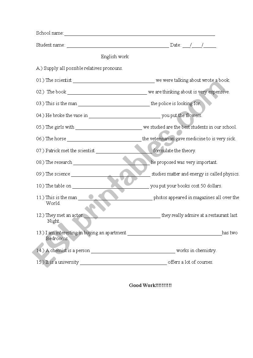 relative pronouns worksheet