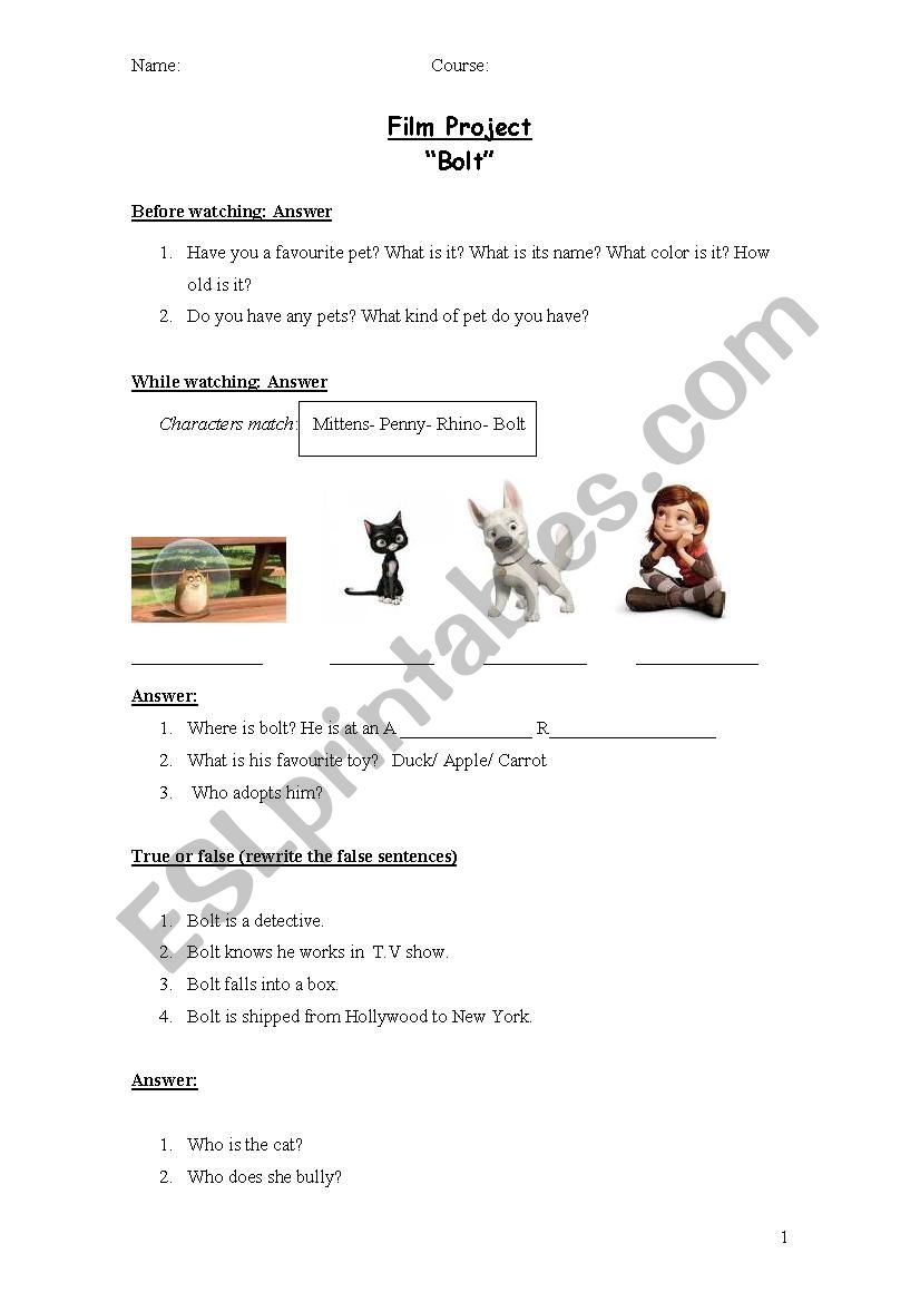 Movie project Bolt worksheet