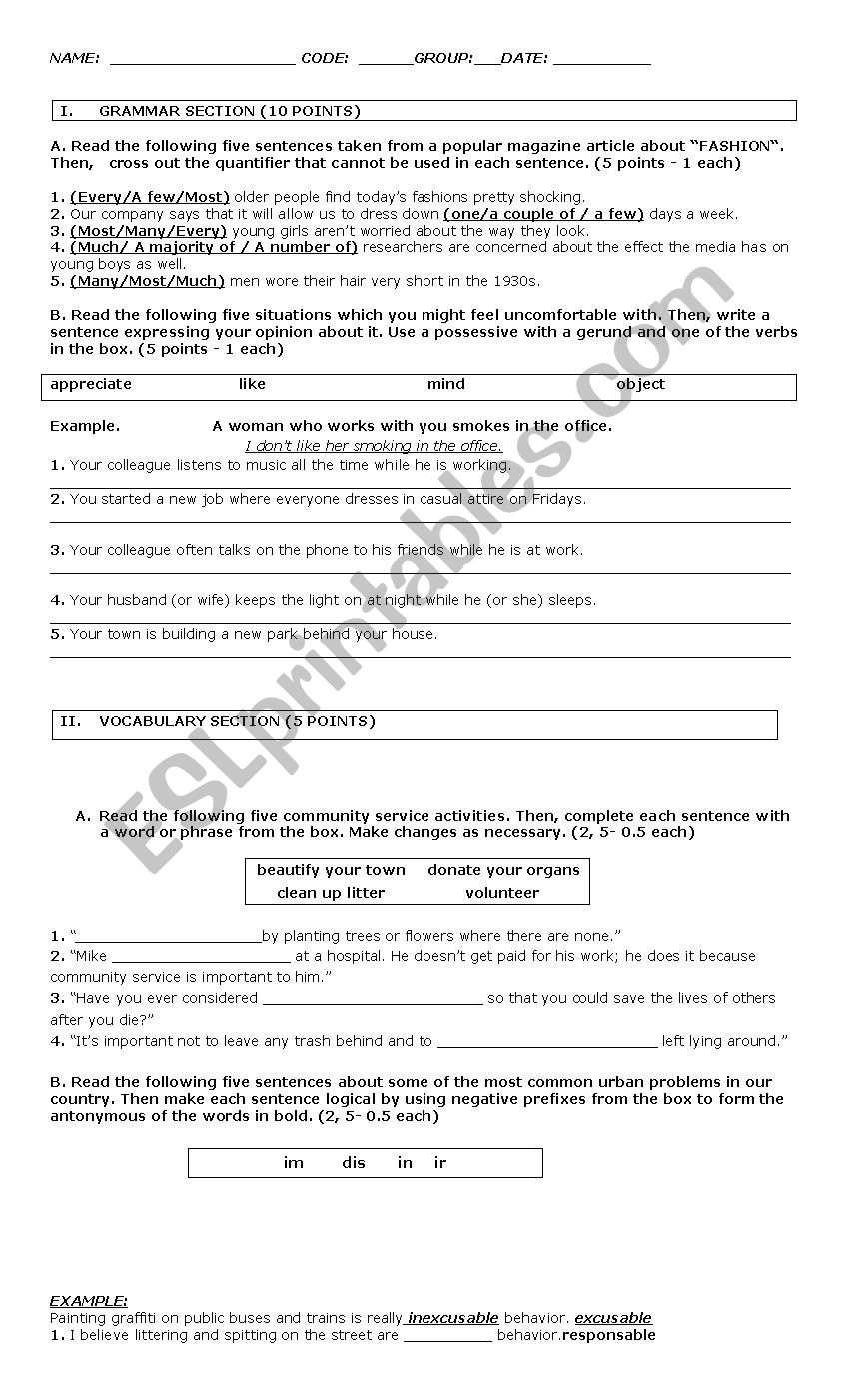 Exam worksheet