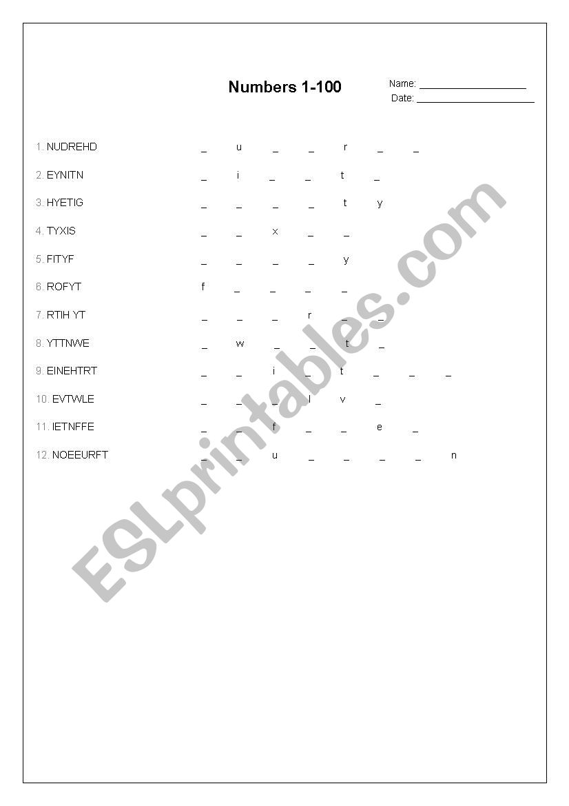 Number 1-100 Scramble worksheet