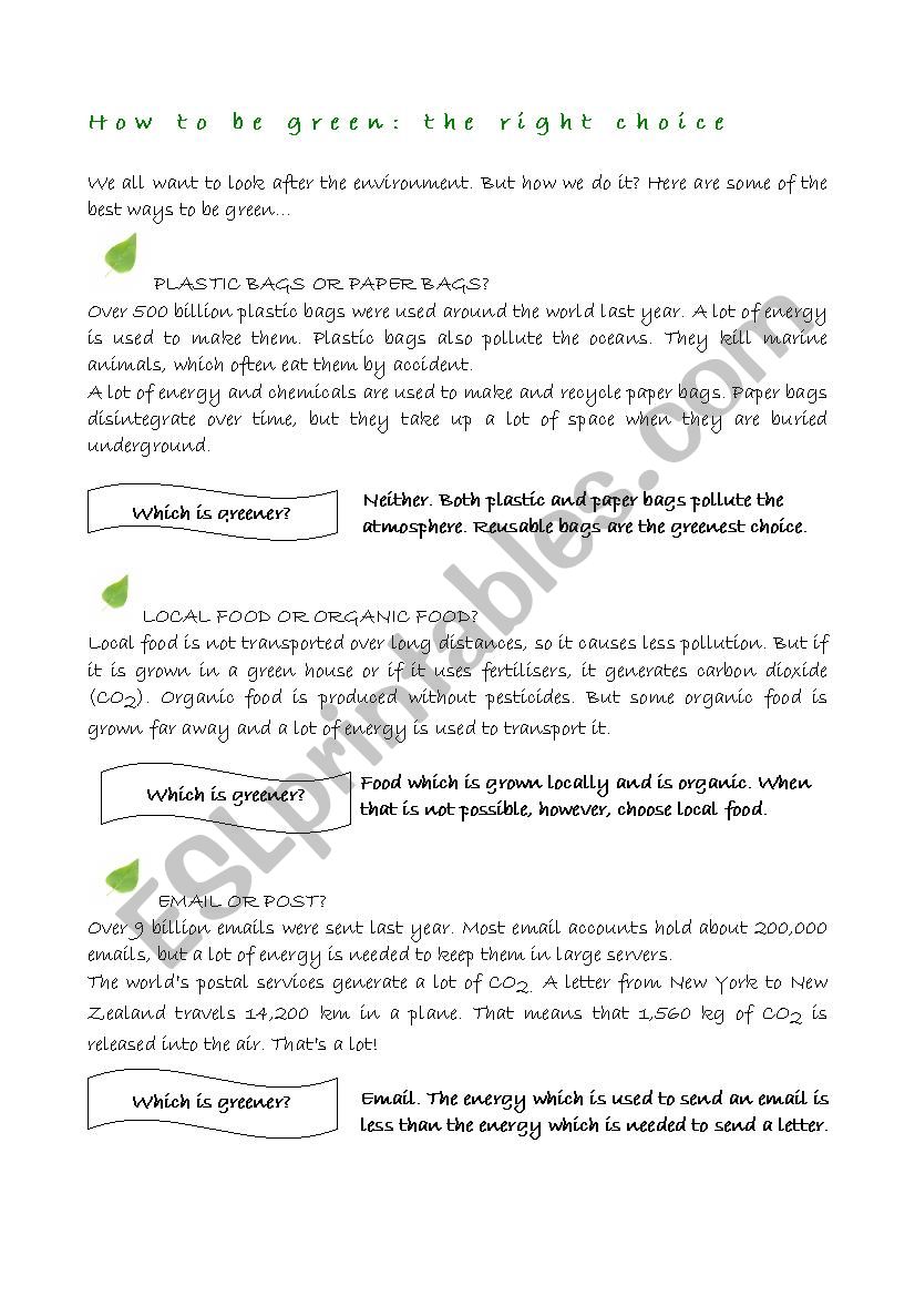 How to be green worksheet