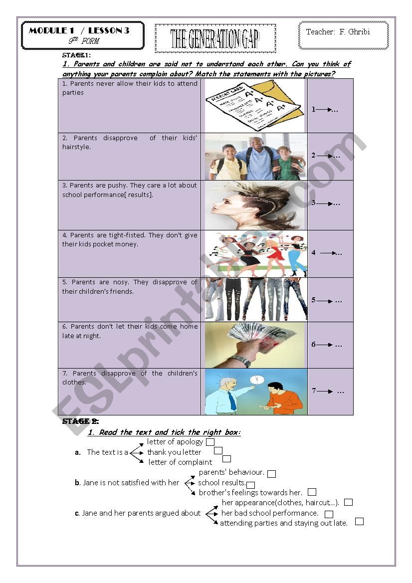 Module 1 Lesson 3  THE GENERATION GAP   9th form tunisian sts