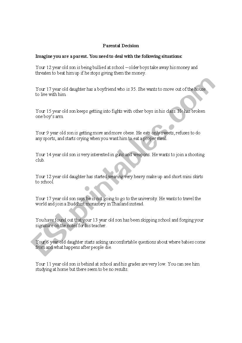 Parental Decisions worksheet