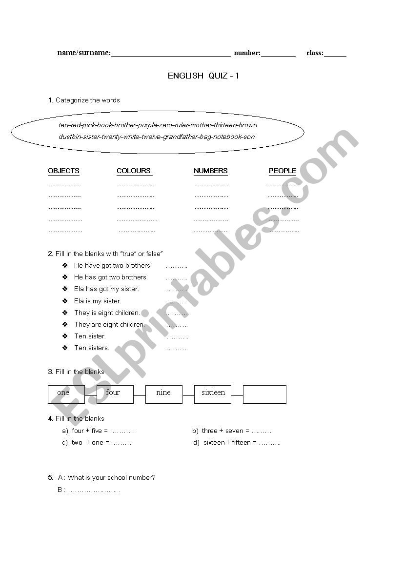 test worksheet