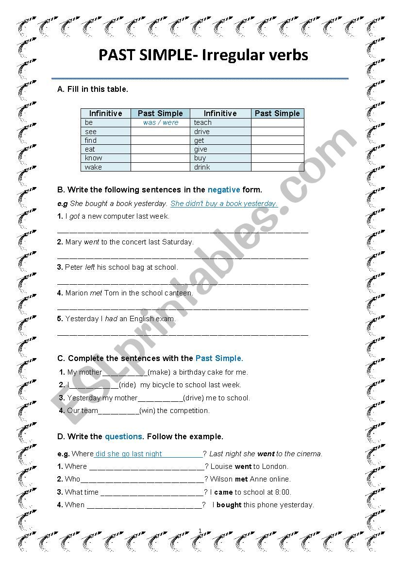 Past Simple - Irregular Verbs worksheet