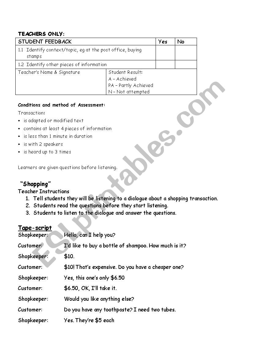 shopping worksheet