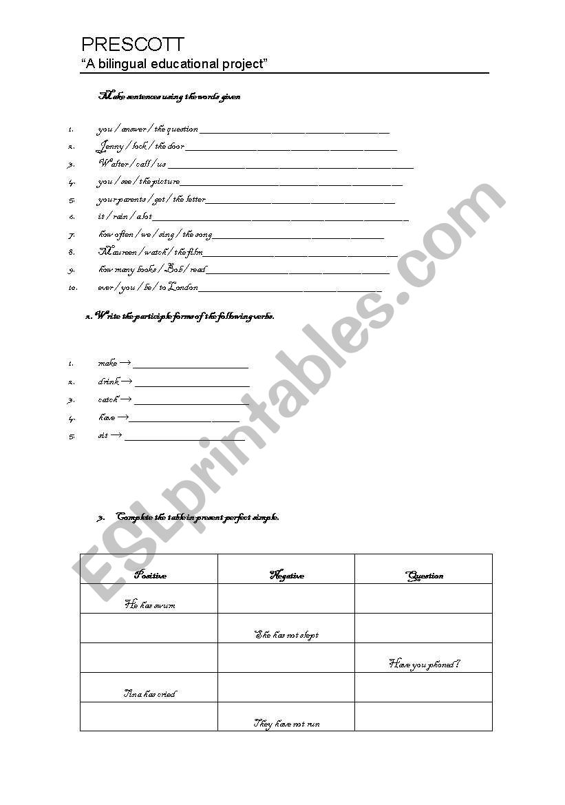 Present Perfect Worksheet worksheet