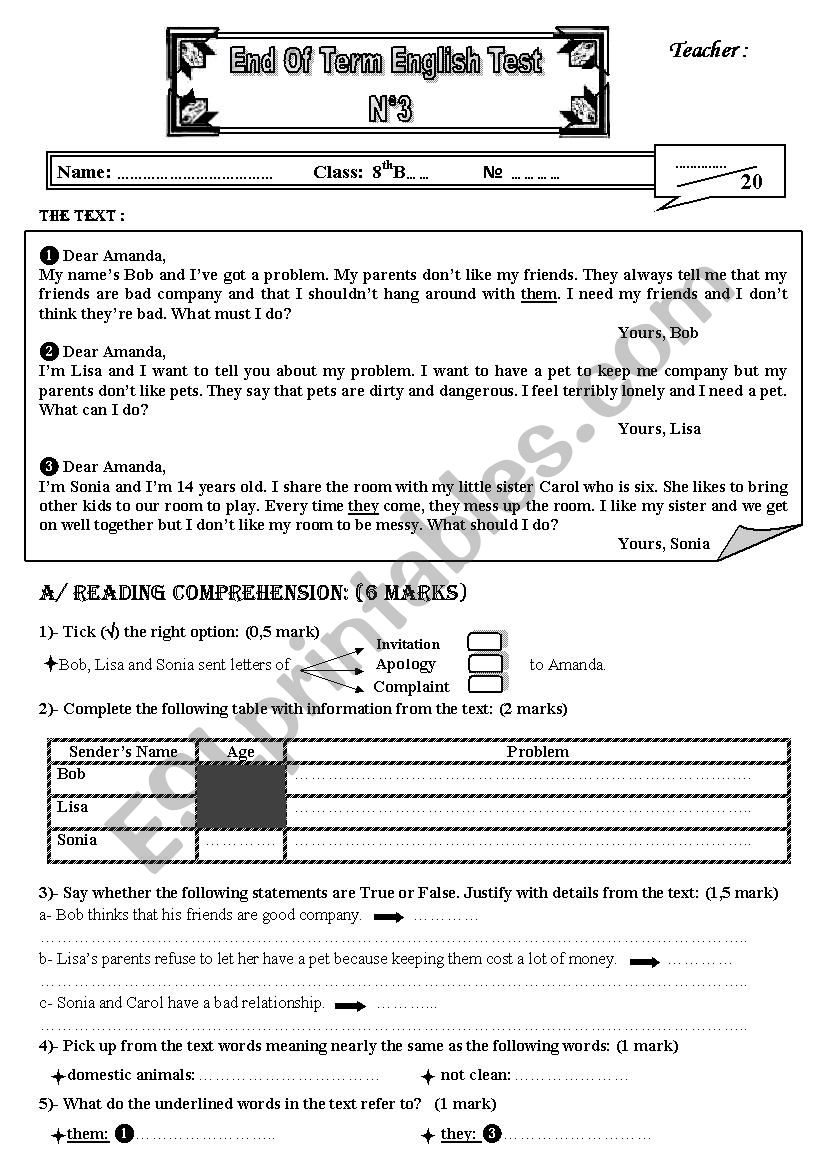 test for 8 th level  worksheet