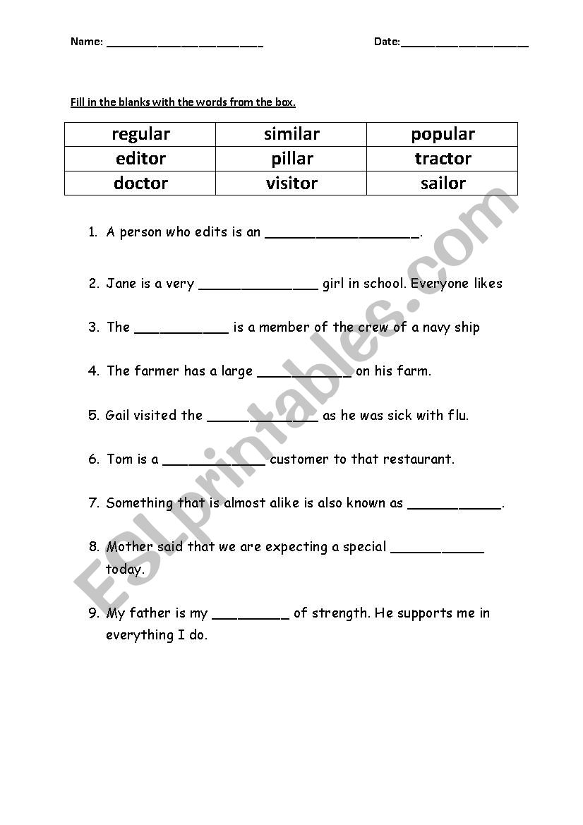 ar and or says /er/ fill in the blanks