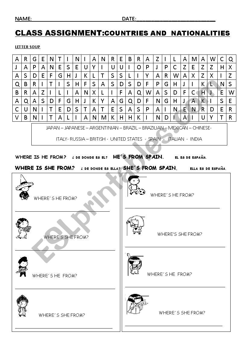 NATIONALITIES AND COUNTRIES worksheet