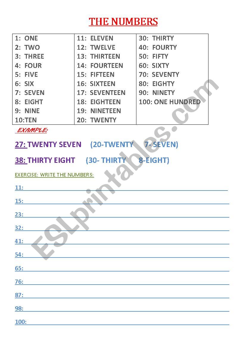 NUMBERS (20-100) worksheet