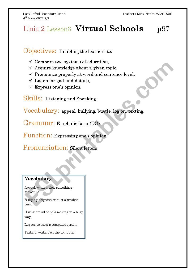 Virtual Schools 4th form Arts worksheet