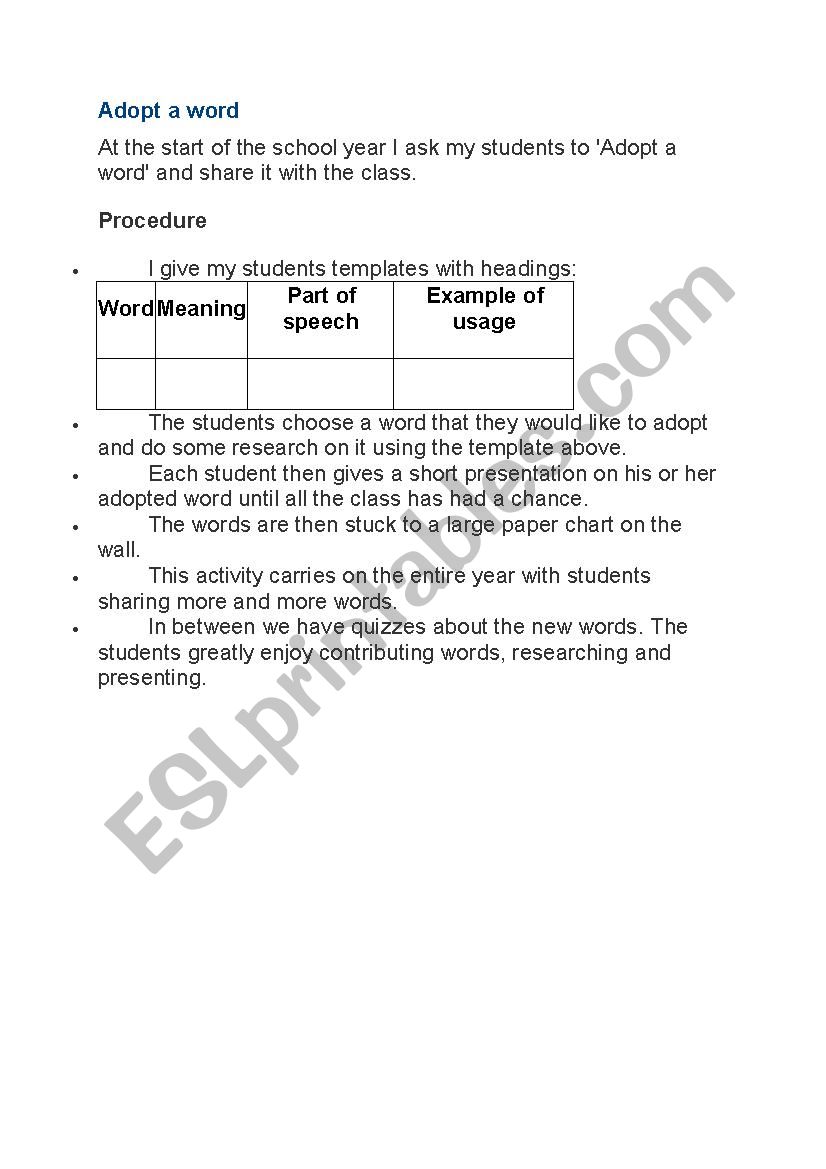 adopt a word worksheet