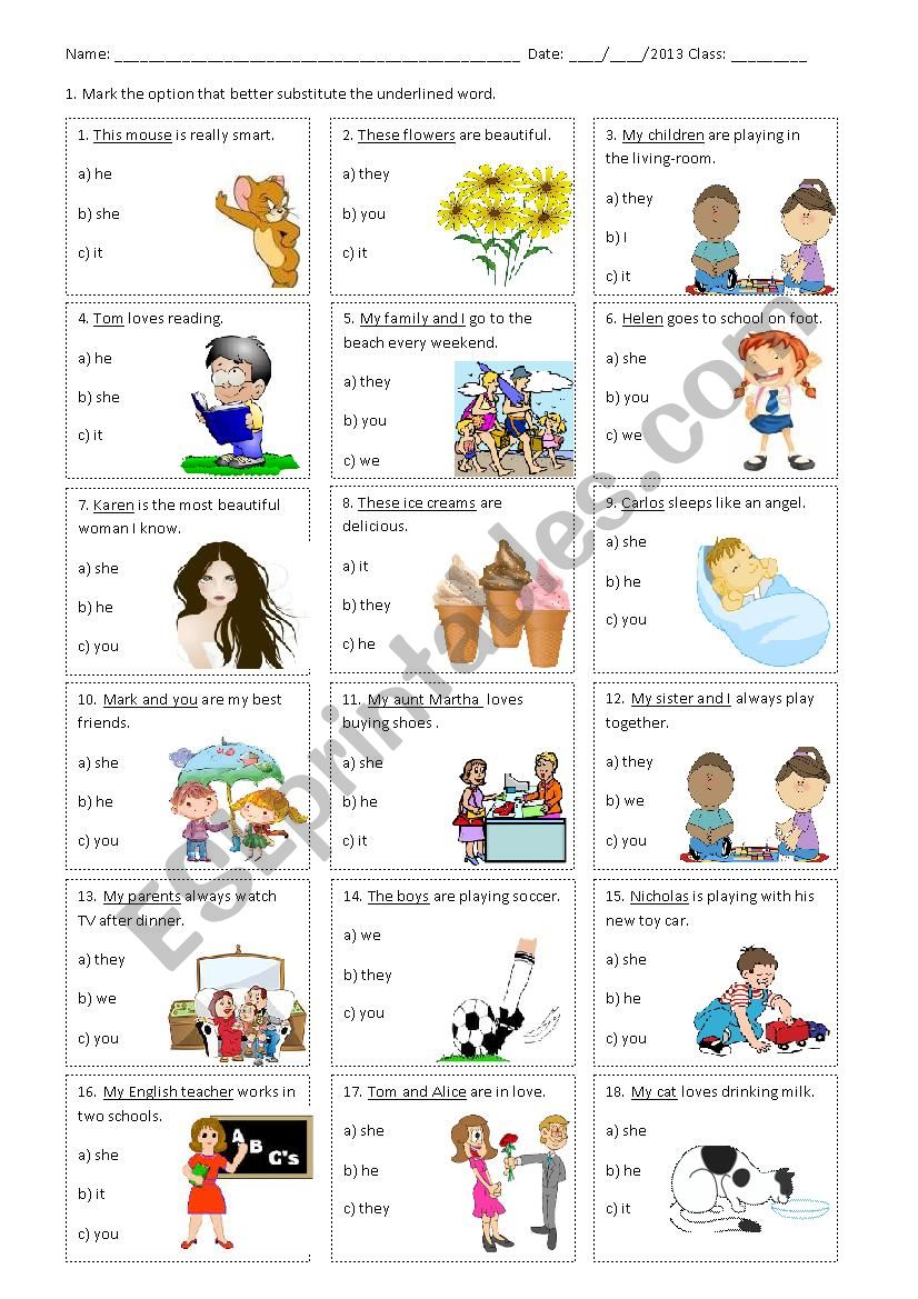 Personal Pronouns Subject Pronouns Multiple Choice ESL Worksheet By Gisele Santos