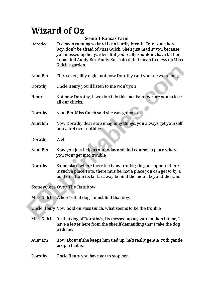 Wizard of oz abridged script worksheet