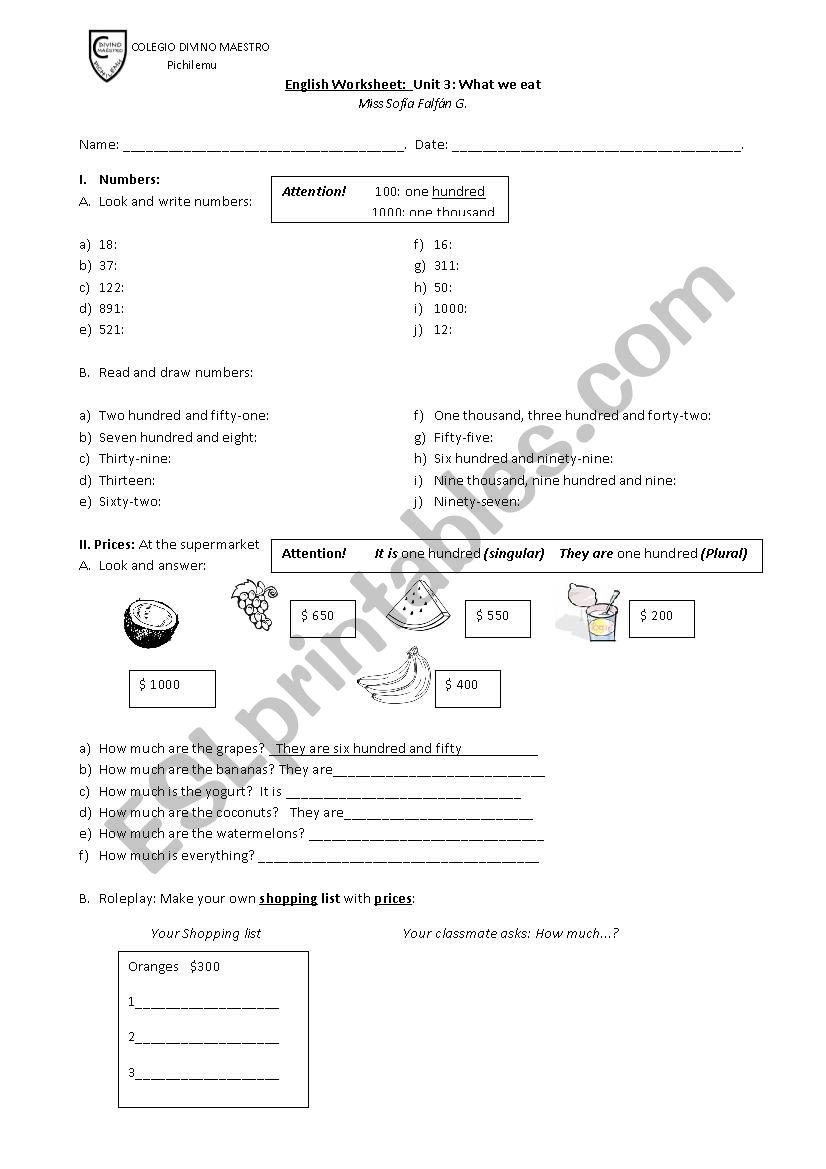 Numbers and prices worksheet