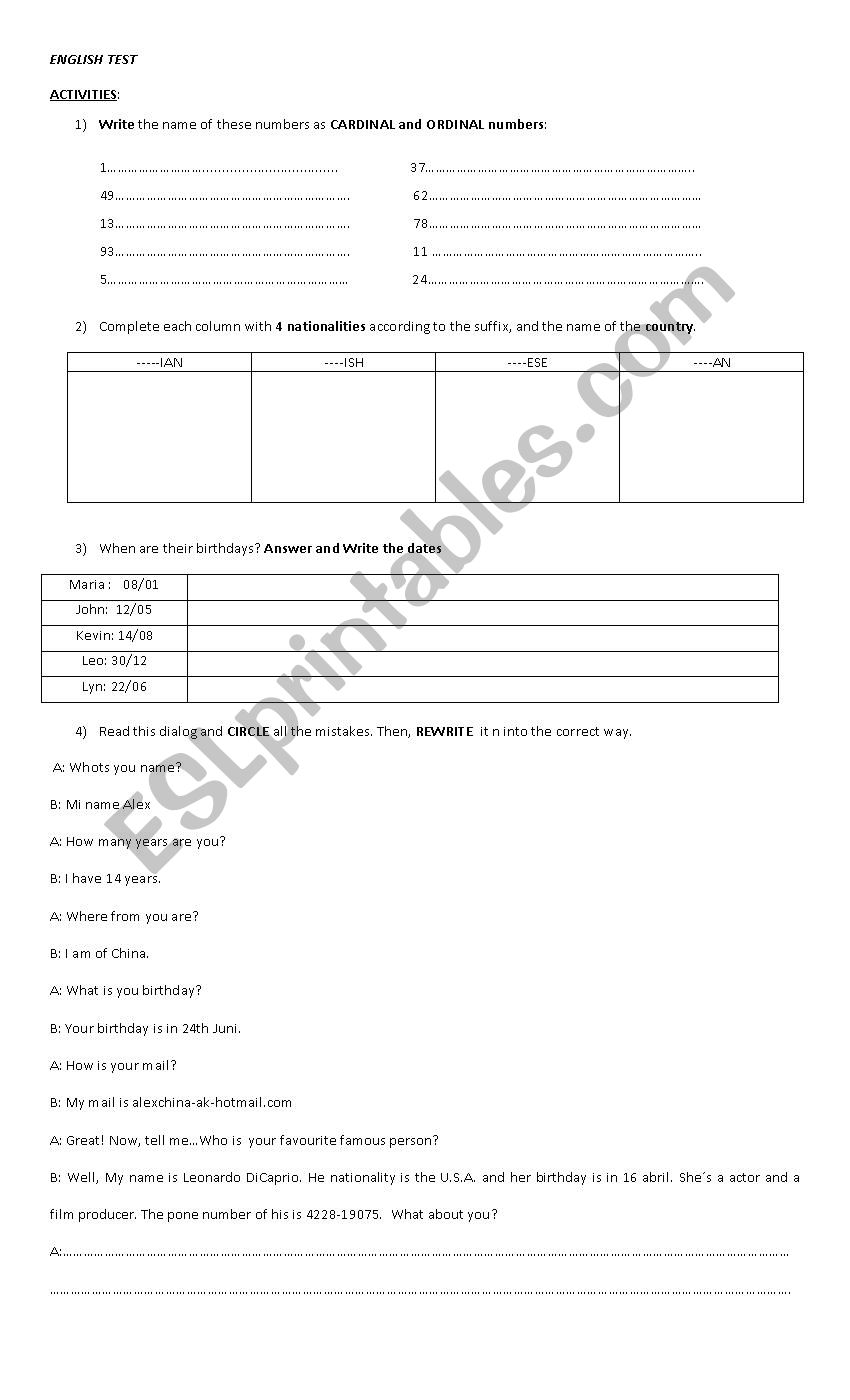 English Test worksheet