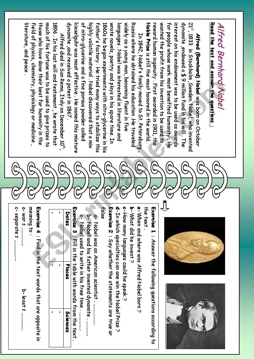 Alfred Bernhard Nobel  worksheet