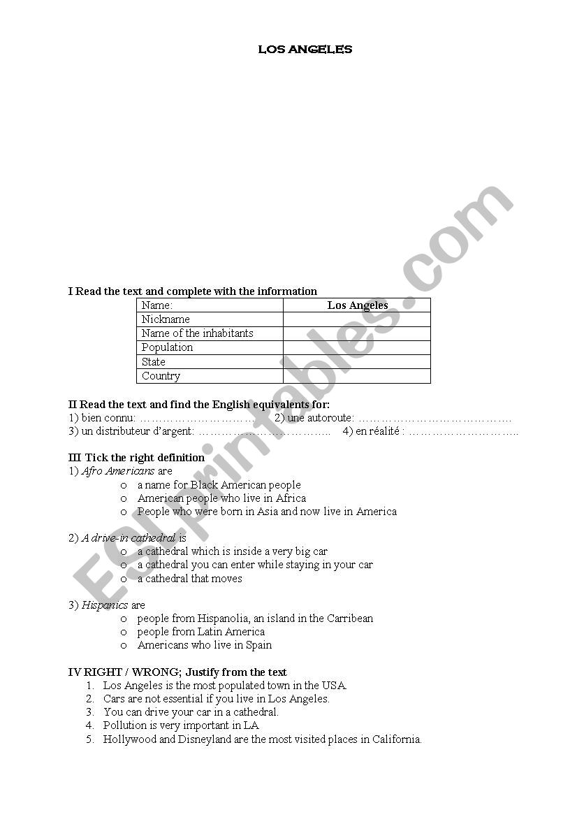 LOS ANGELES  worksheet