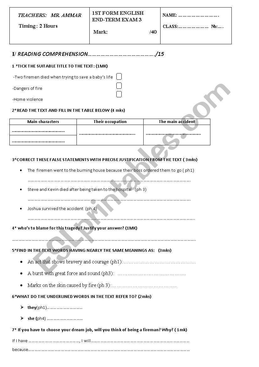 end-term exam 3 for 1st form worksheet