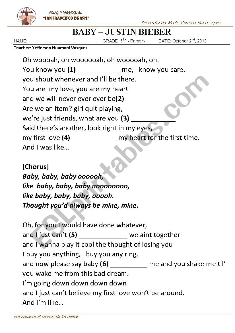 song: Baby - Justin Bieber worksheet