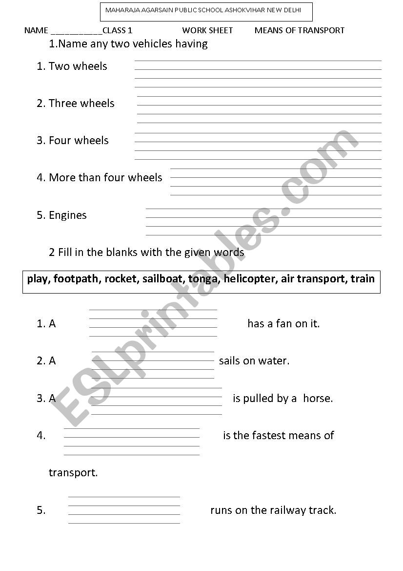 MEANS OF TRANSPORT worksheet