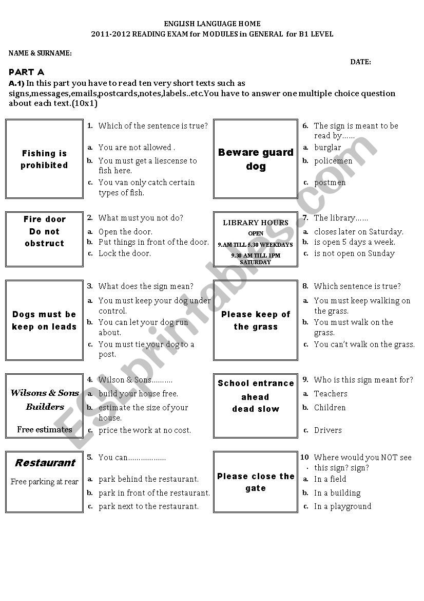 reading exam for B1 level worksheet