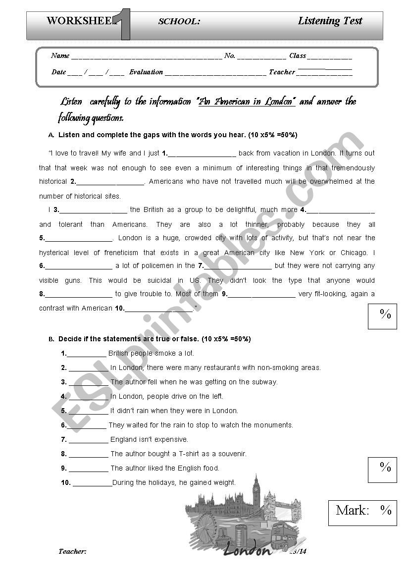 Listening test with key worksheet