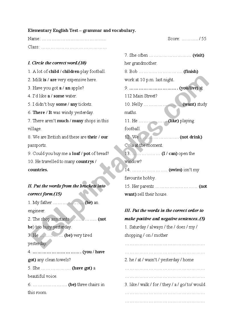 Elementary English Test - grammar and vocabulary