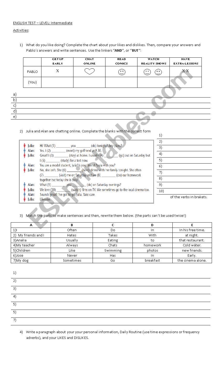 TEST INTERMEDIATE worksheet