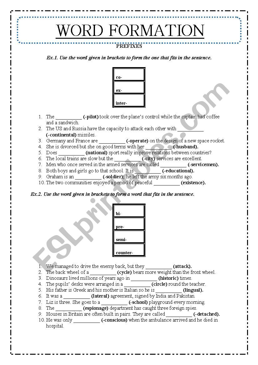 Word formation ( prefixes) worksheet