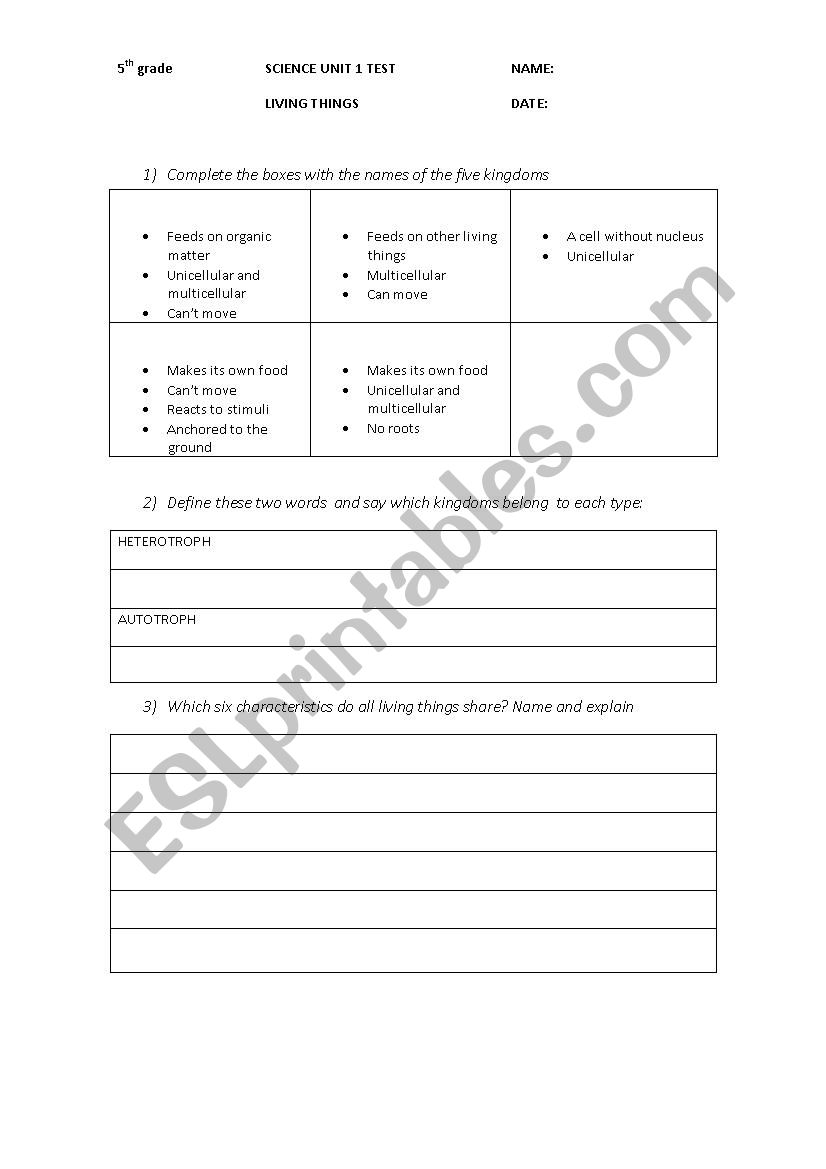 FIVE KIGDOMS TEST worksheet