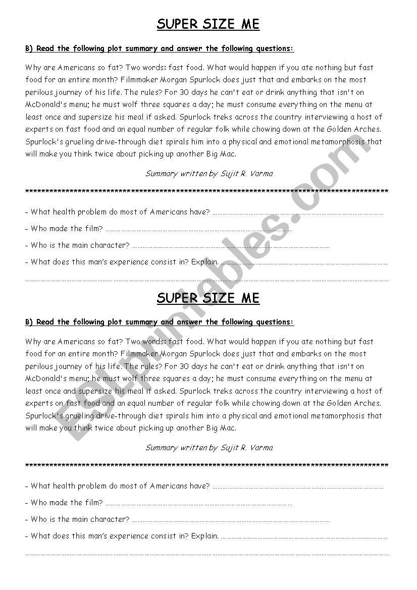 Supersize Me summary worksheet