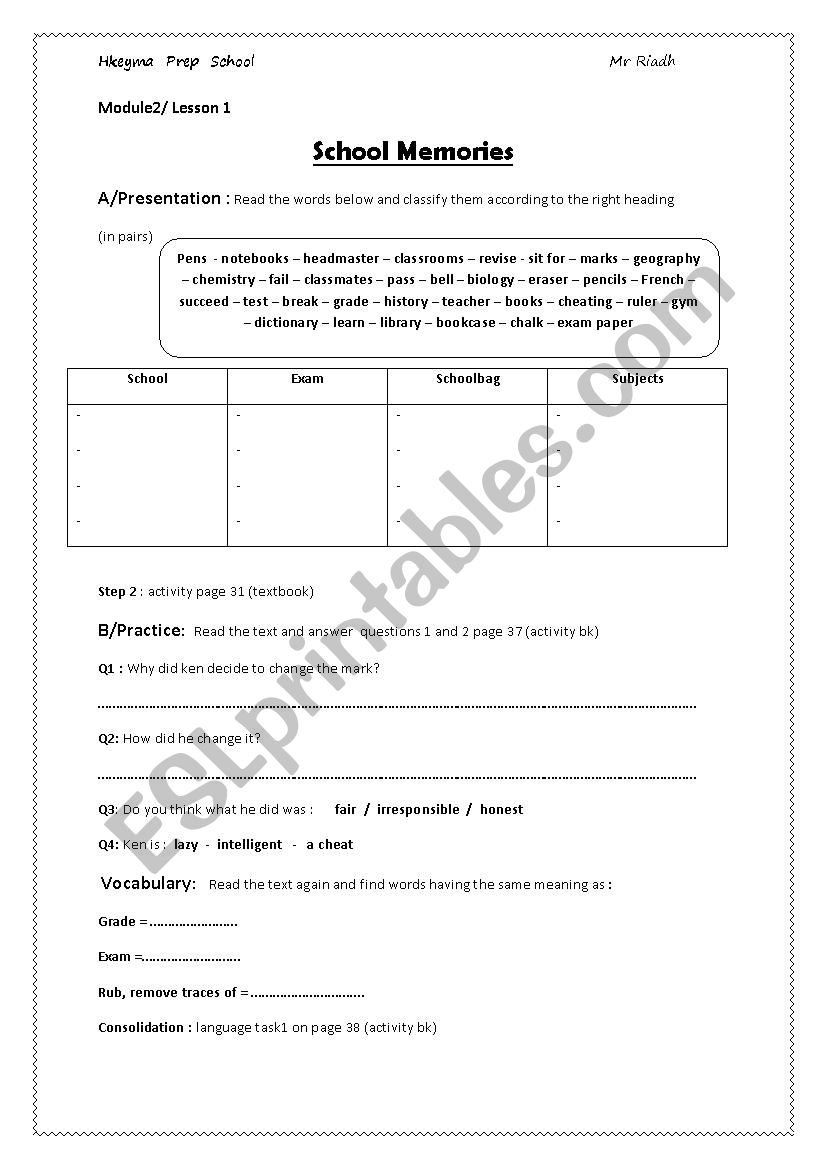 school memories worksheet