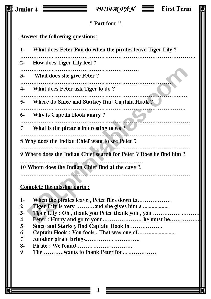 peter pan worksheet