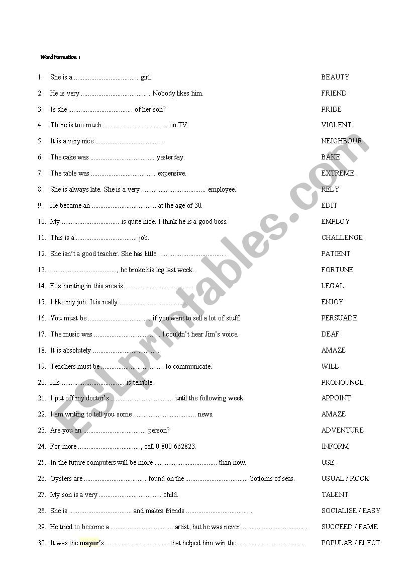 Word formation worksheet