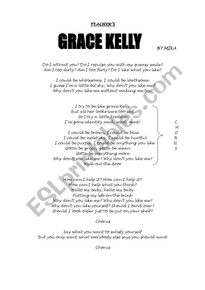 Grace Kelly by Mika song worksheet