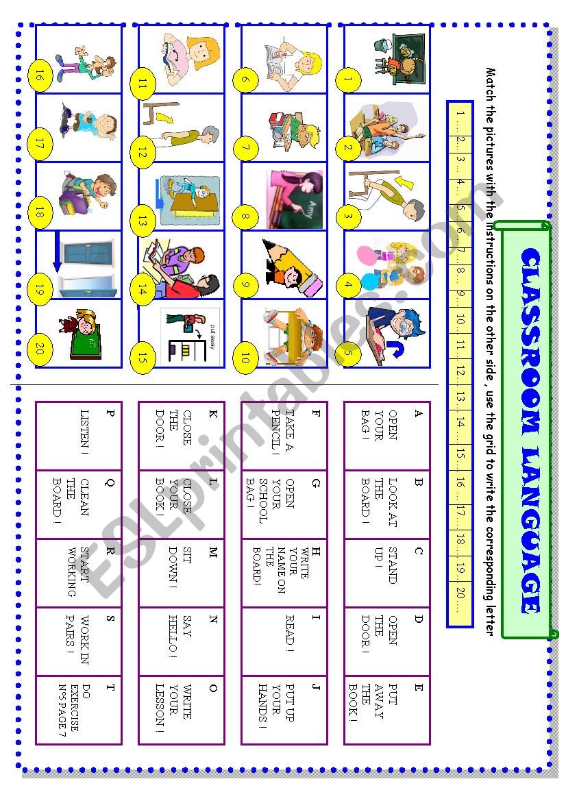 classroom language:matching exercise for young learners