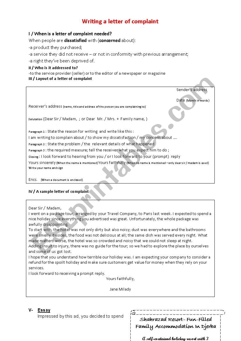 complaint letter worksheet