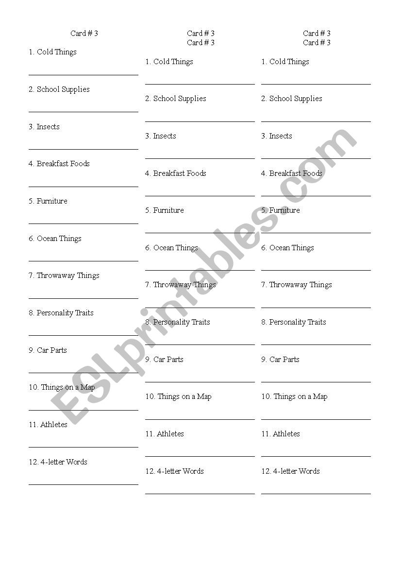 Scattergories 3 worksheet