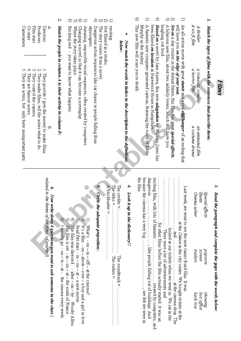 vocabulary sheet on films worksheet