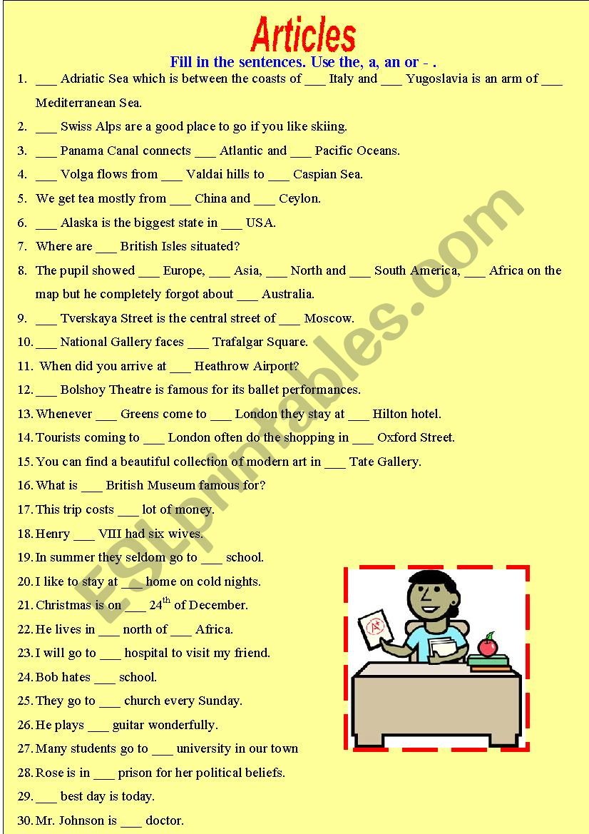 articles worksheet