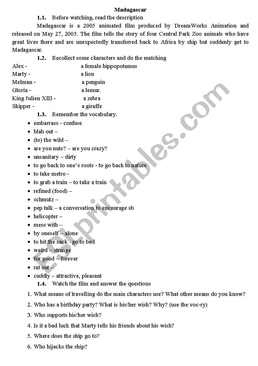 Madagascar worksheet