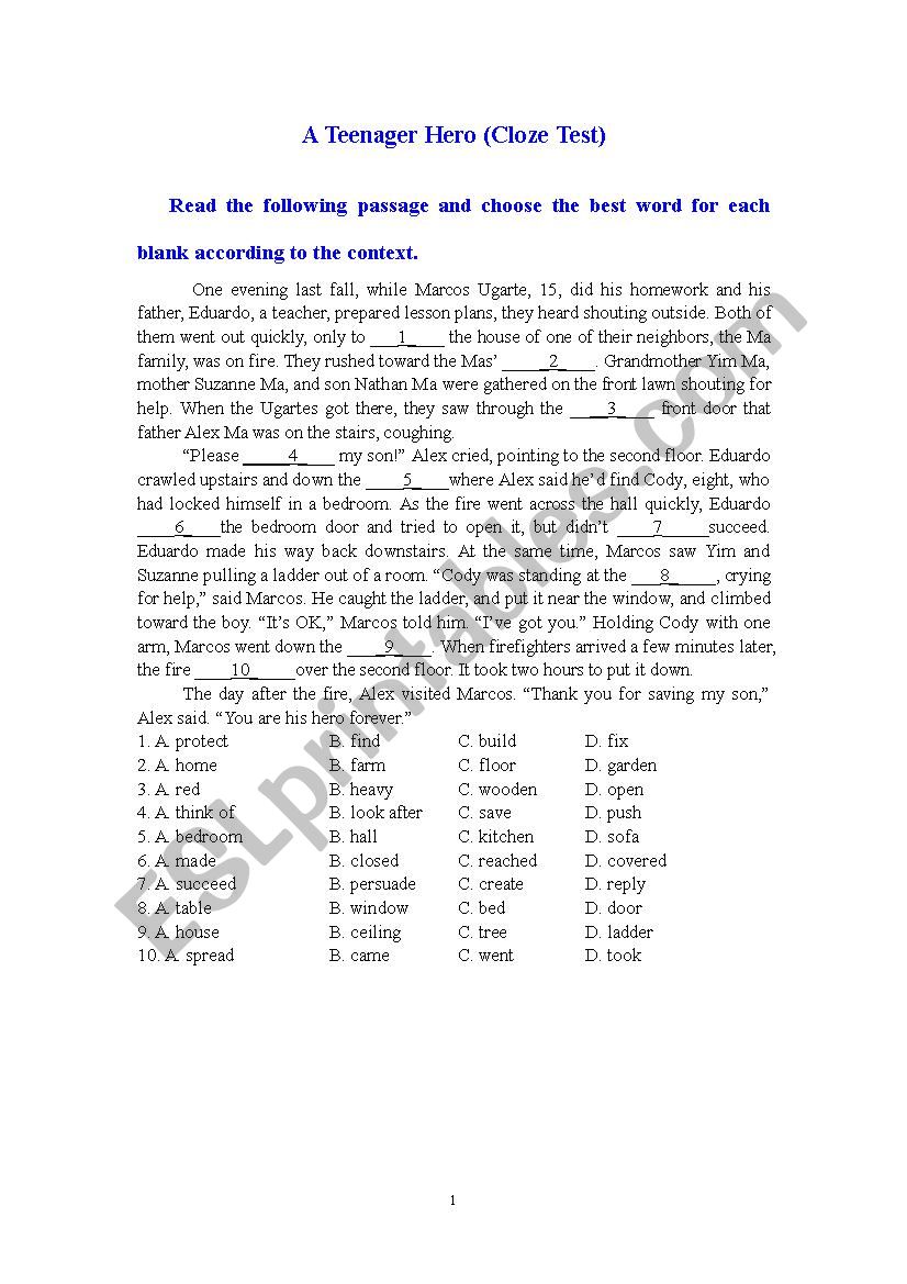 A Teenager Hero (Cloze Test) worksheet