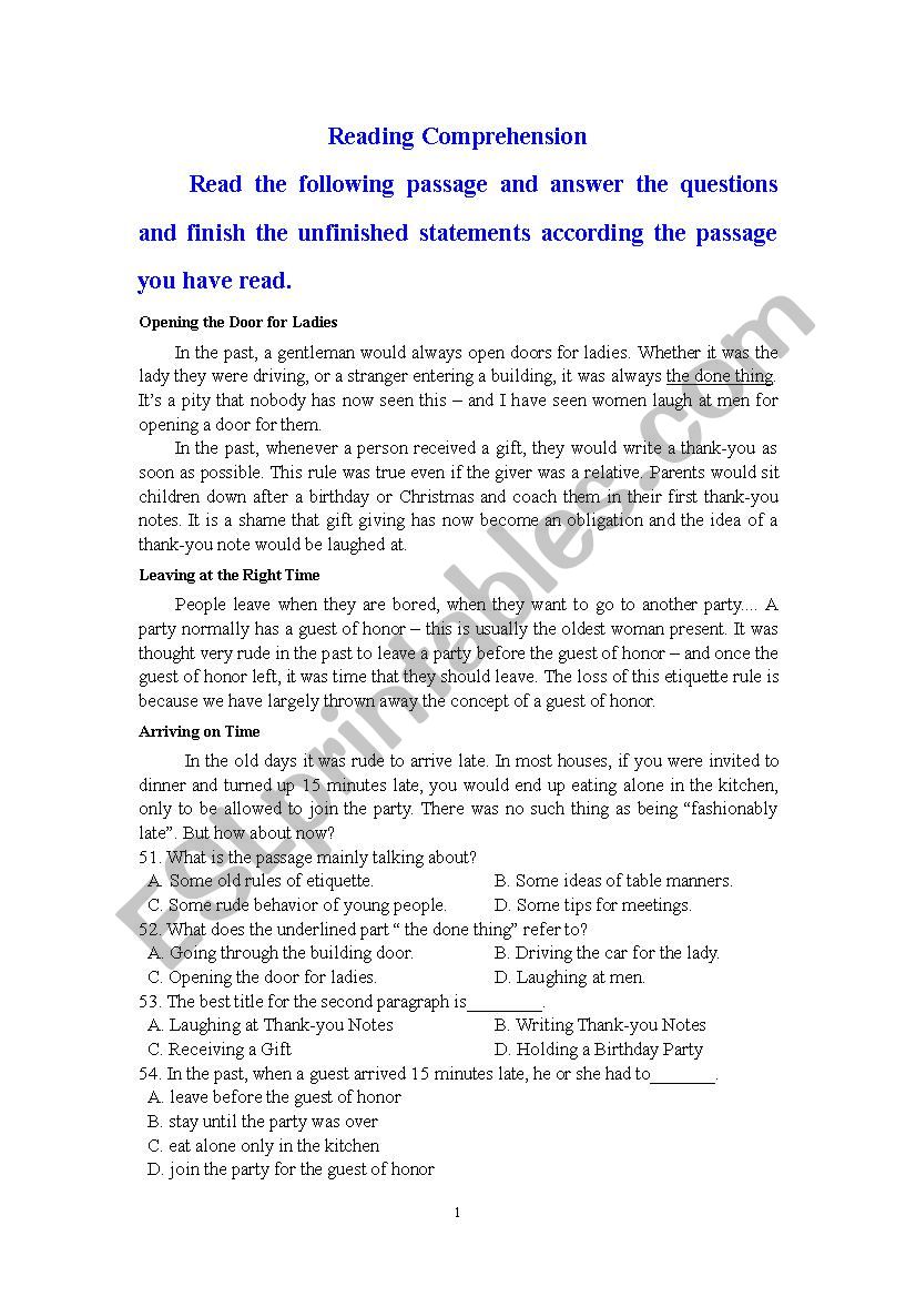 Reading Comprehension worksheet