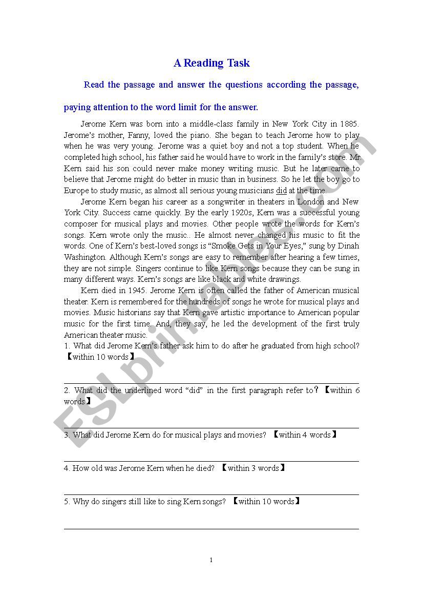 A Reading Task worksheet