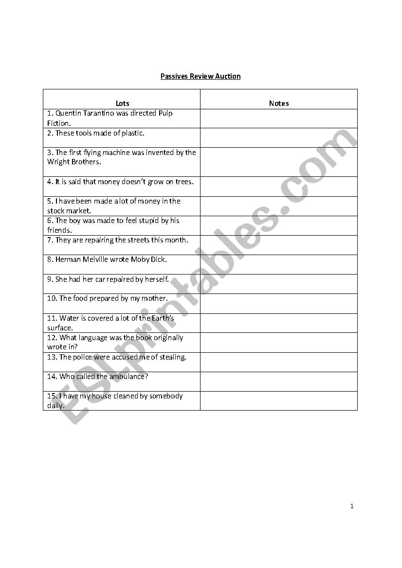 Passives Review Auction worksheet