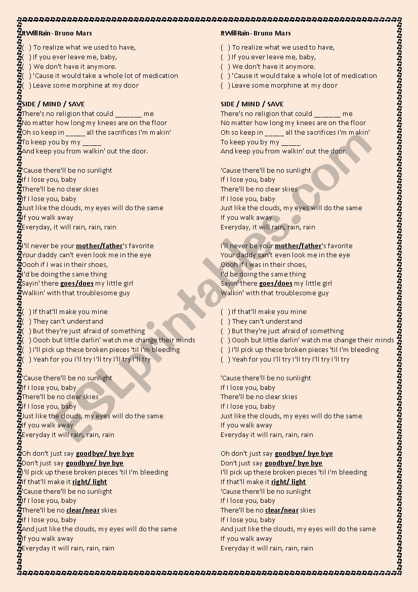 It Will Rain - Bruno Mars worksheet