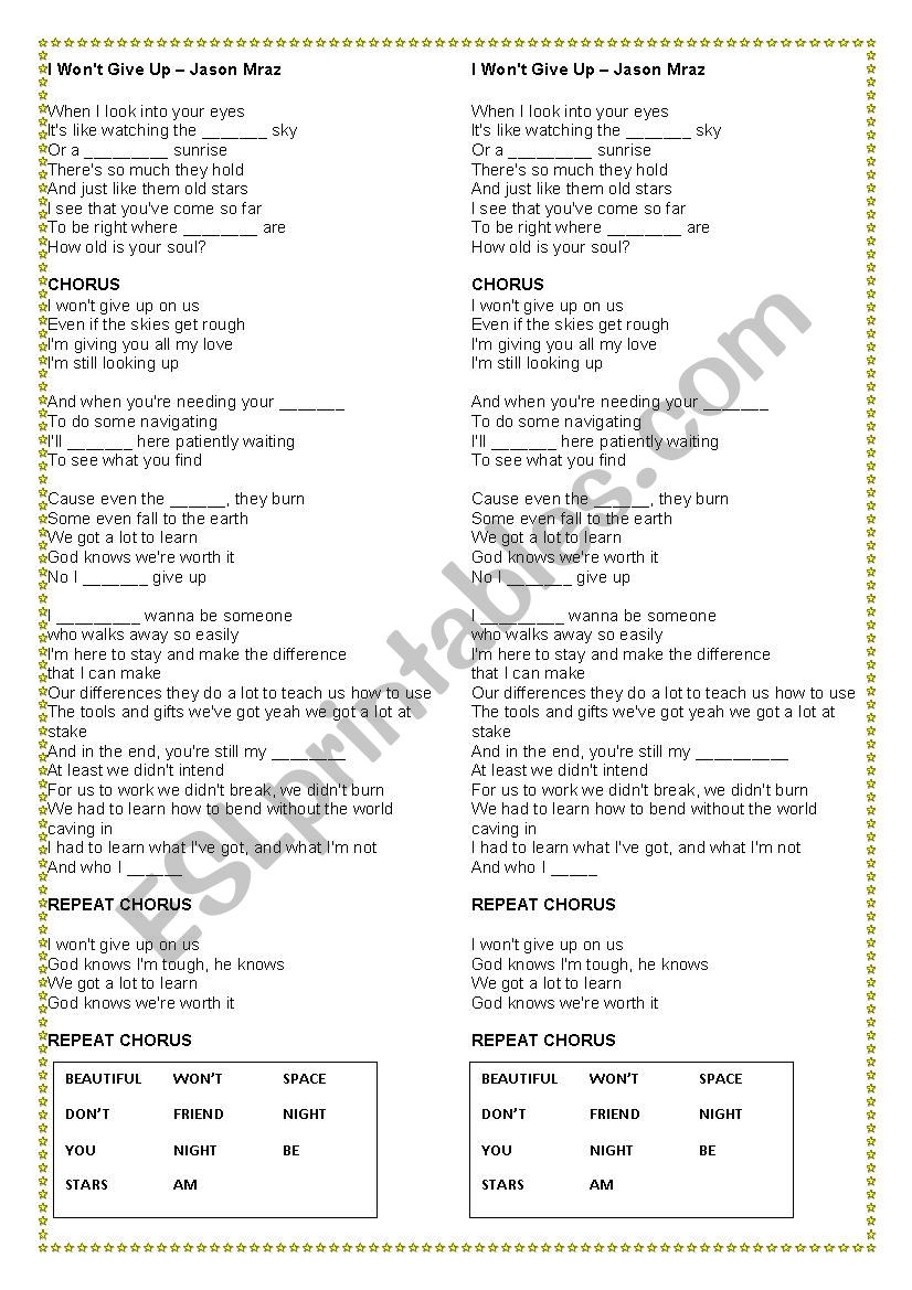 I wont give up - Jason Mraz worksheet