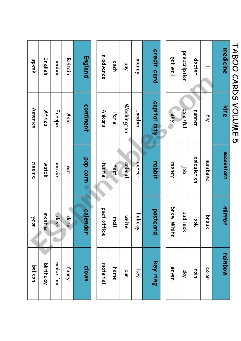 Taboo Cards Volume 5 worksheet